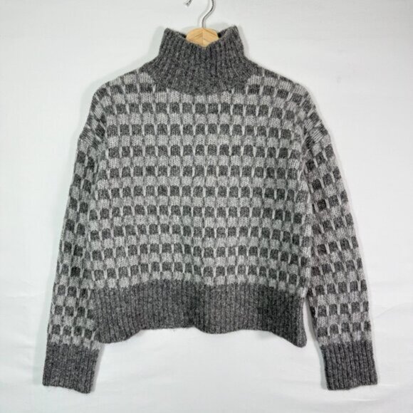 Everlane The Cloud Checkered Turtleneck Wool Alpaca Cotton Blend Sweater Gray XS - Picture 3 of 6